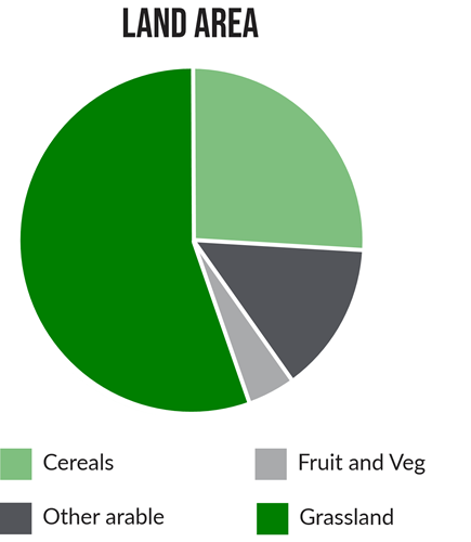 Land use in Herefordshire; over a half is grassland; over a quarter is cereal crops; about 30% other arable and about 10% fruit and vegetables