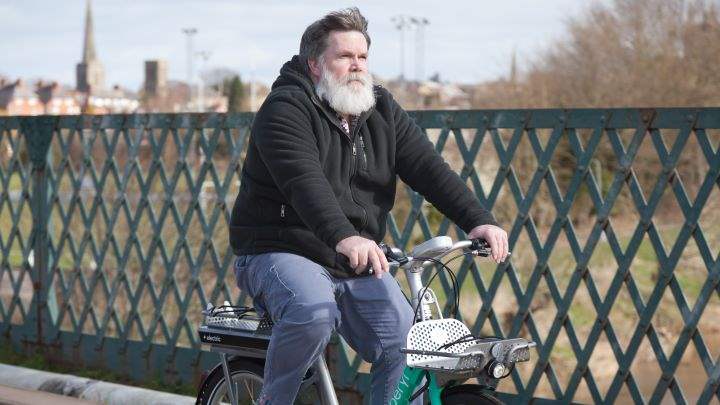 Cllr Harrington trying out the new Beryl e-bike