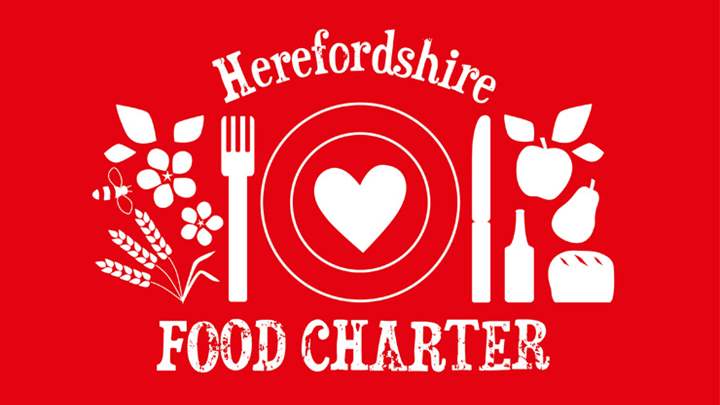 White on red Herefordshire Food Charter logo