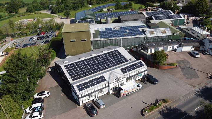 Aerial photo of Wye Valley Brewery building with solar panels