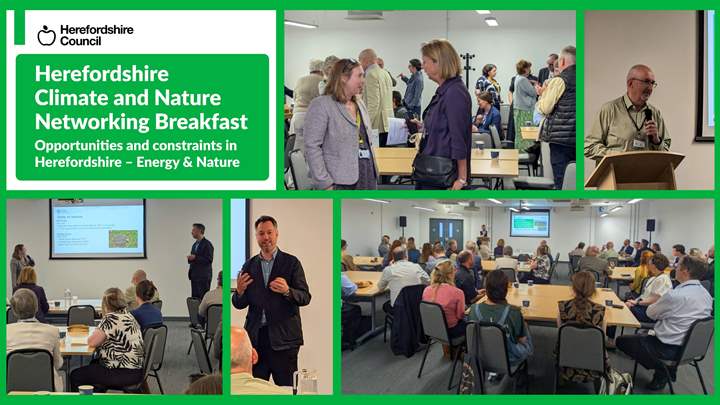 Collage of images of people chatting or seated at the Climate and Nature networking event. Herefordshire Climate and Nature Networking Breakfast . Opportunities and constraints in Herefordshire - Energy and Nature